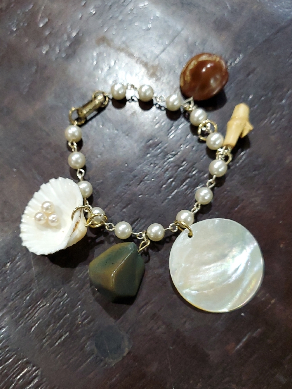 Vintage Gold-Tone Pearl and Shell Charm Bracelet - White, Cream, Green, Brown